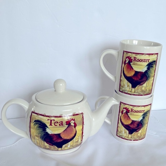 Bay Island Rooster Teapot and Two Tea/Coffee Cups Farmhouse Country Kitc… - Picture 9 of 16